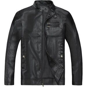 Men's Black Faux Leather Stand Collar Zipper Classic Biker Jacket Slim Fit